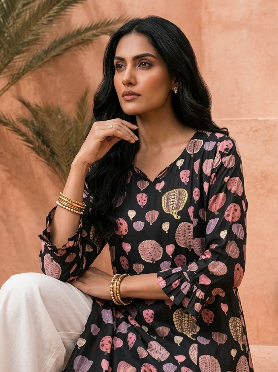 Black Printed A-Line Crepe Kurta