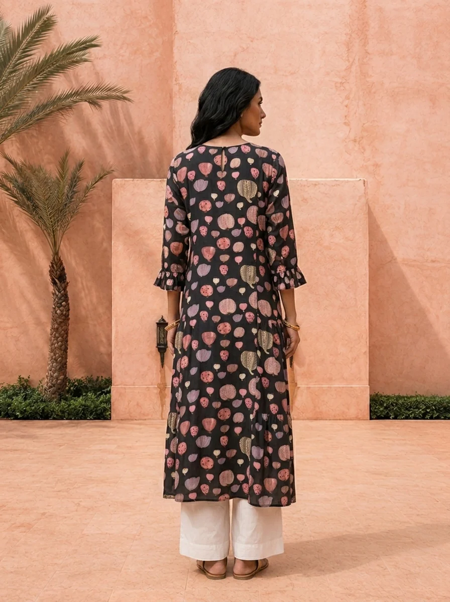 Black Printed A-Line Crepe Kurta - Image 3