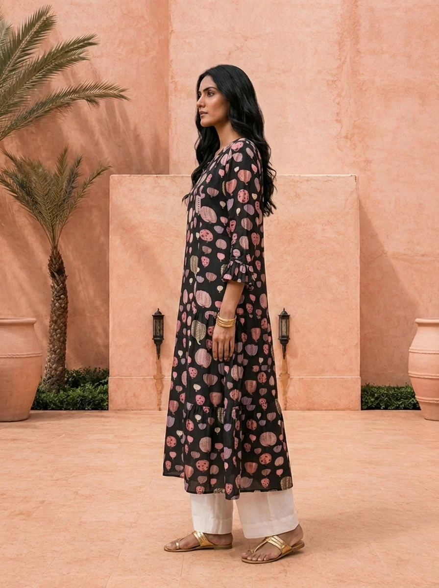 Black Printed A-Line Crepe Kurta - Image 4