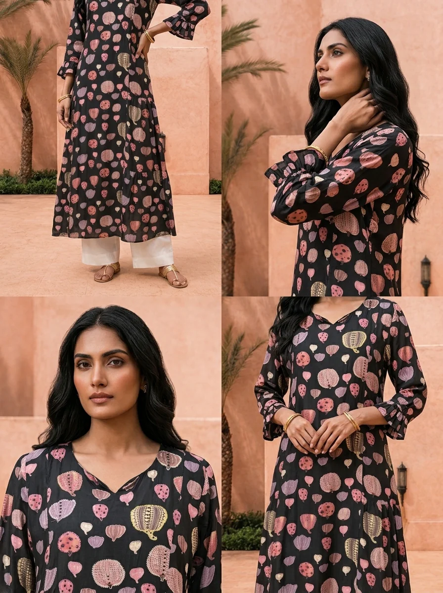 Black Printed A-Line Crepe Kurta - Image 5