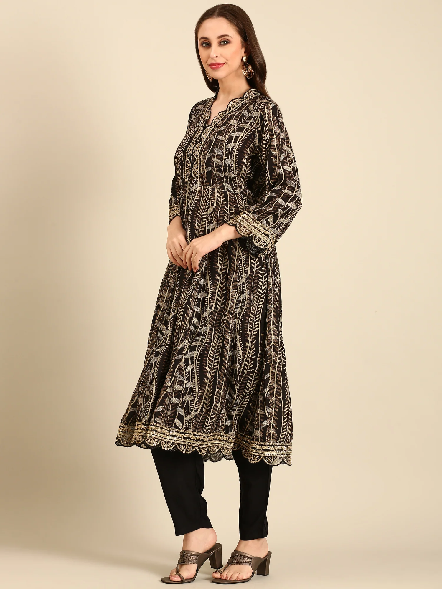Black printed gold zari embroidery three piece suit set - Image 3