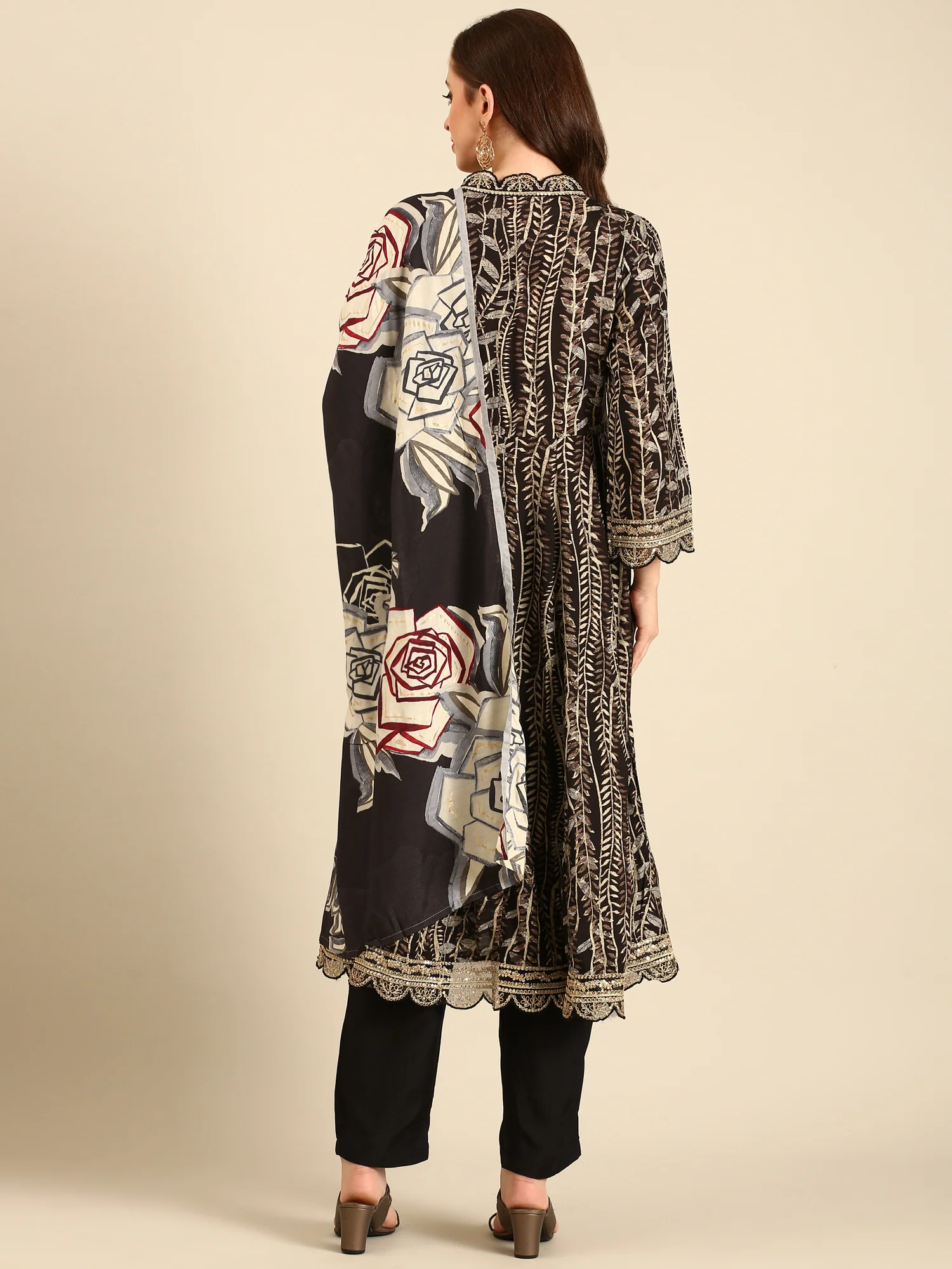 Black printed gold zari embroidery three piece suit set - Image 4