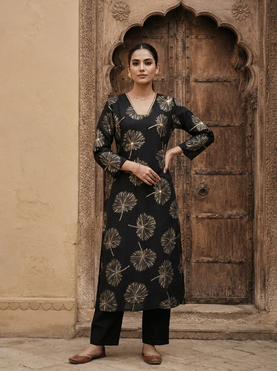 Black Printed Rayon Two Piece Set - Image 2