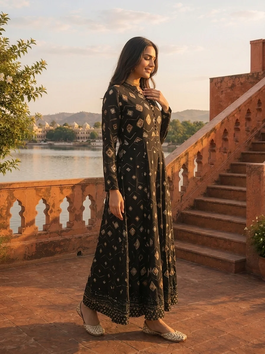 Black Rayon Earthy Diamond Butas Printed Dress - Image 3