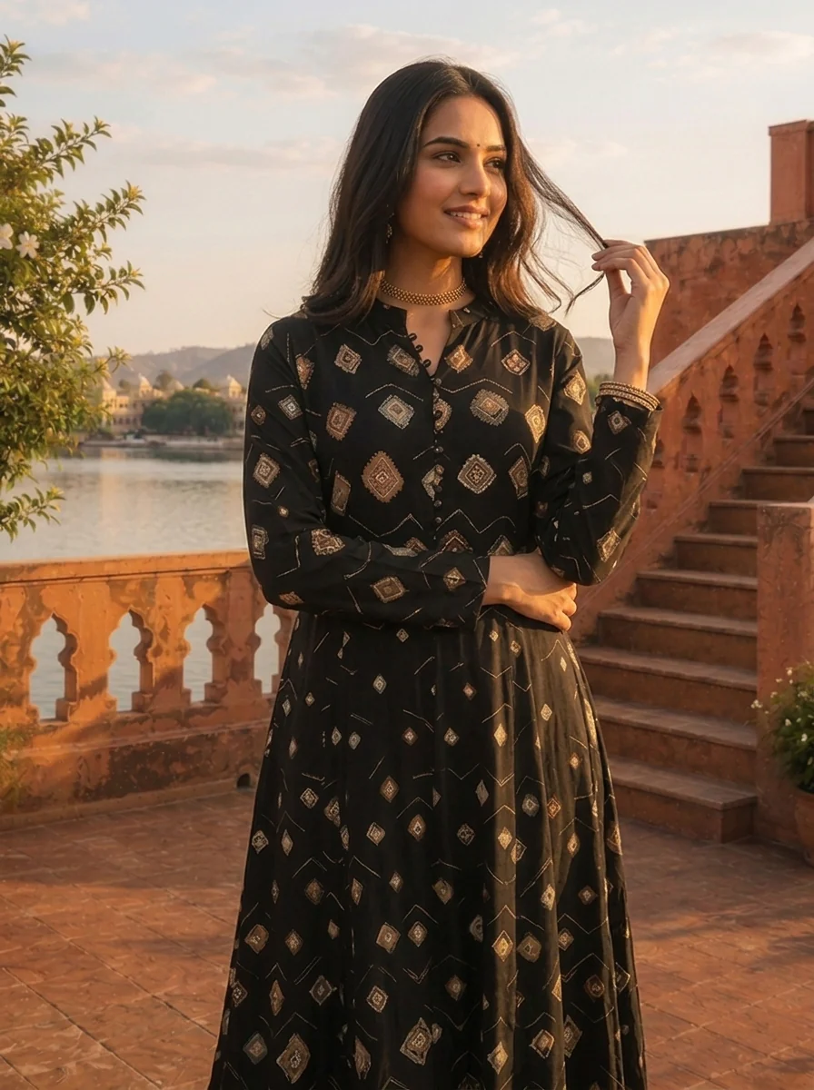 Black Rayon Earthy Diamond Butas Printed Dress - Image 4