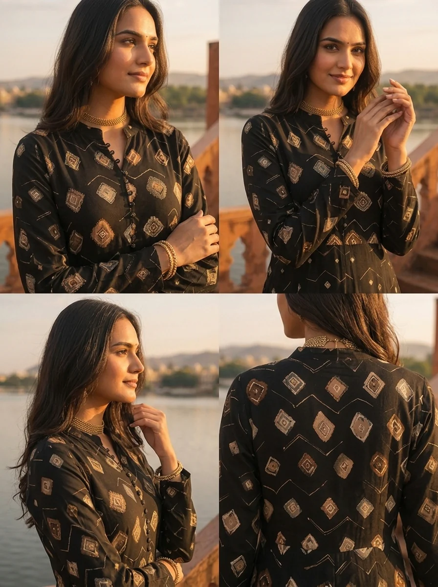Black Rayon Earthy Diamond Butas Printed Dress - Image 5