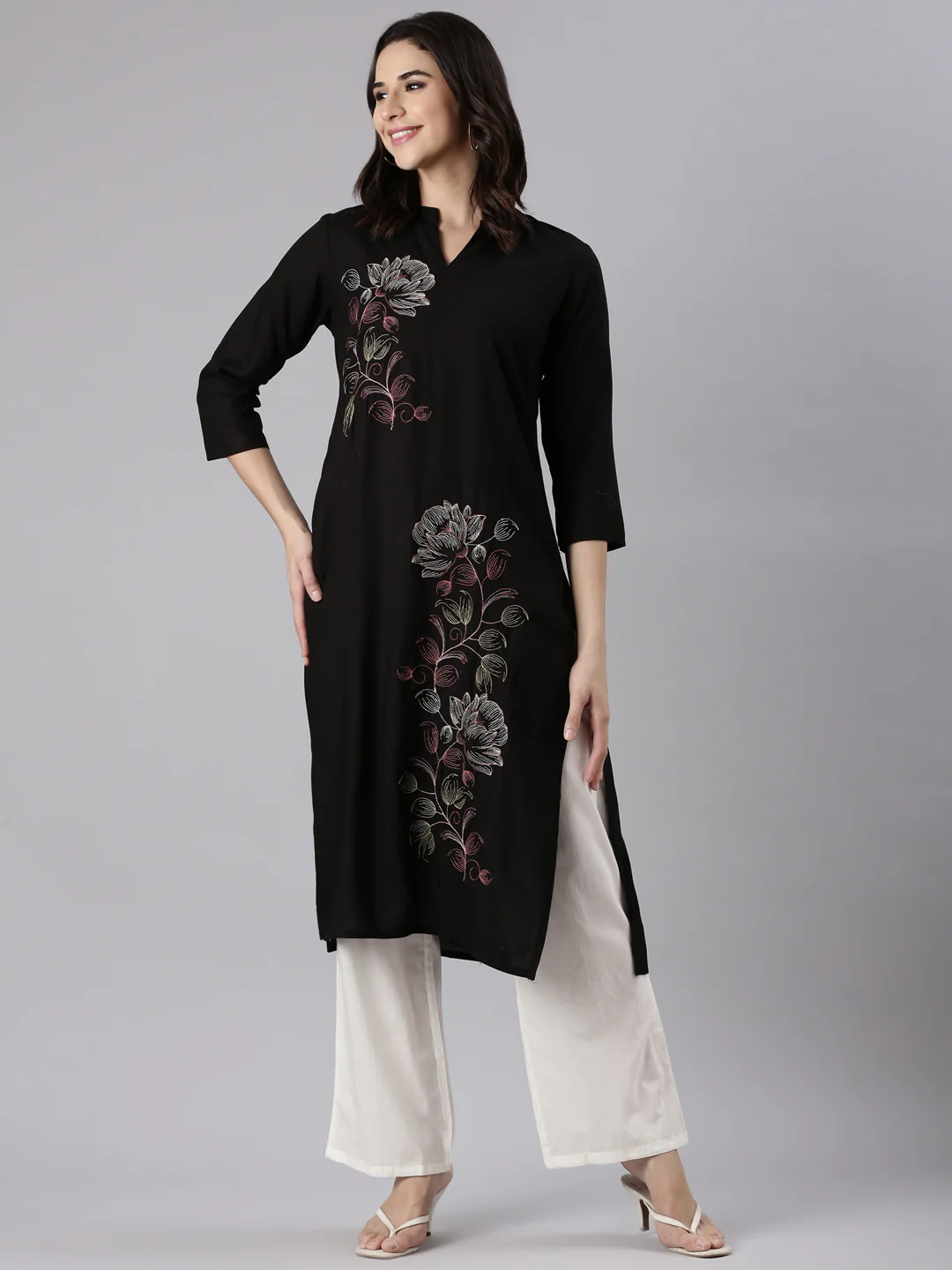 Black Rayon Embroidered Kurta - Image 5