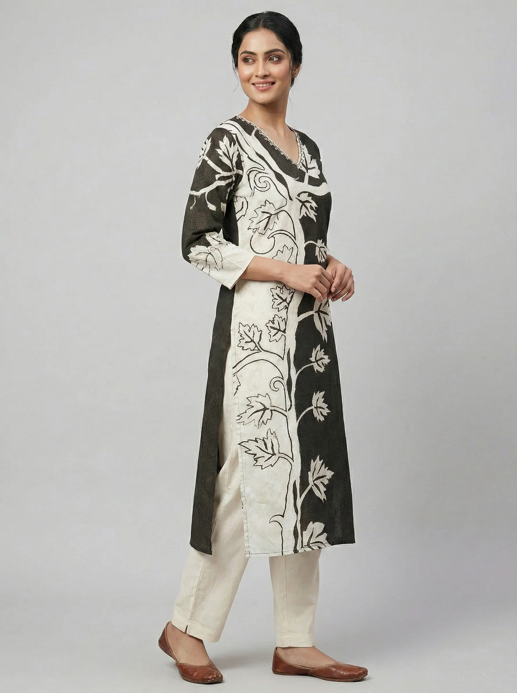 Black Rayon Floral Digital Print Kurta - Image 2