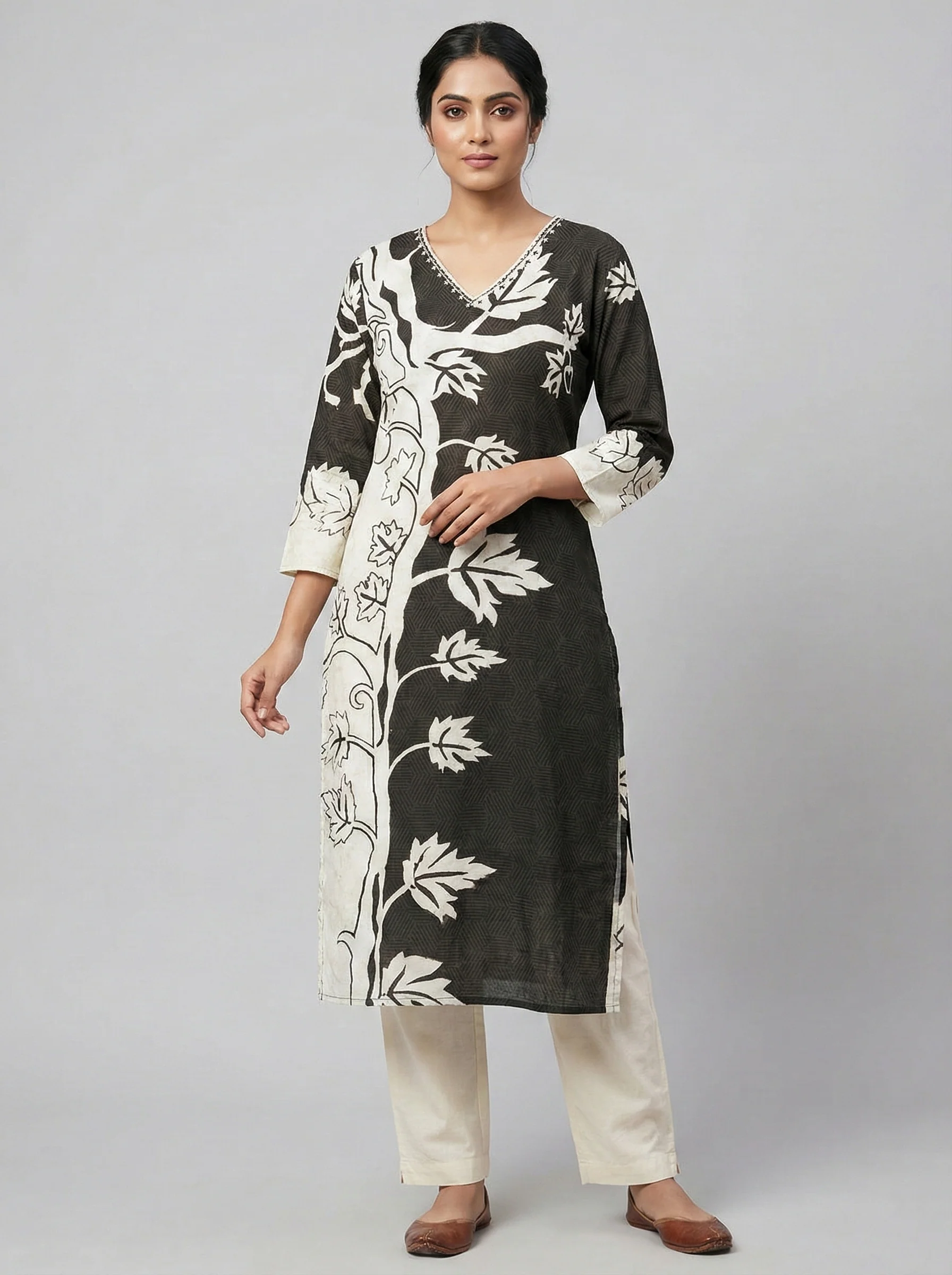 Black Rayon Floral Digital Print Kurta - Image 3