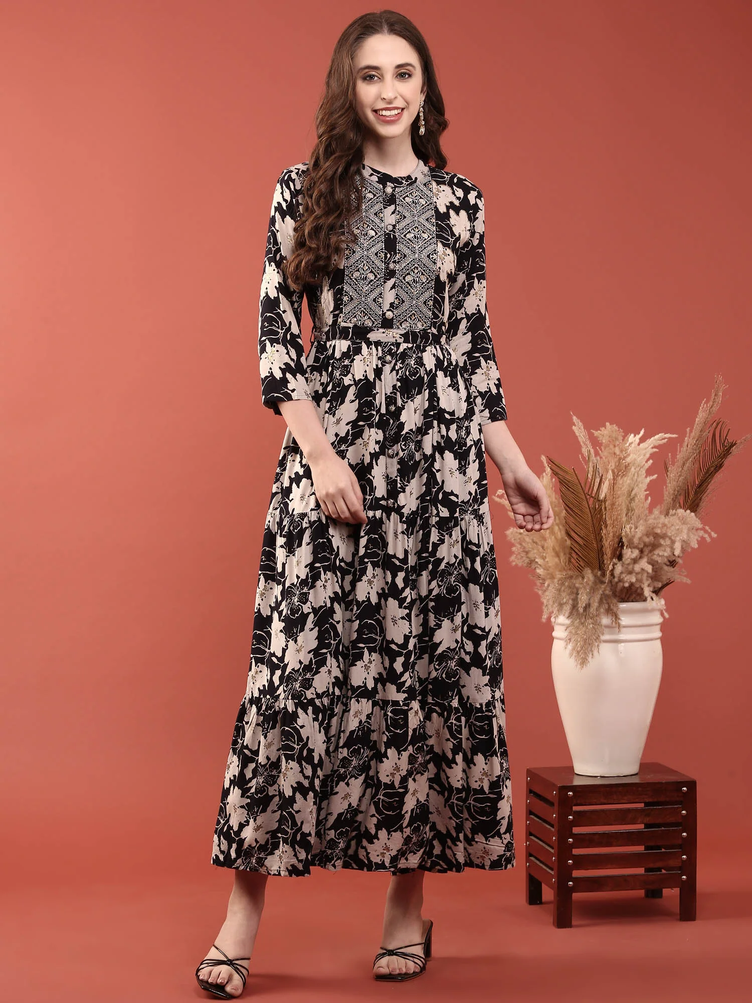 Black Rayon Floral Digital Print Long Dress - Image 6
