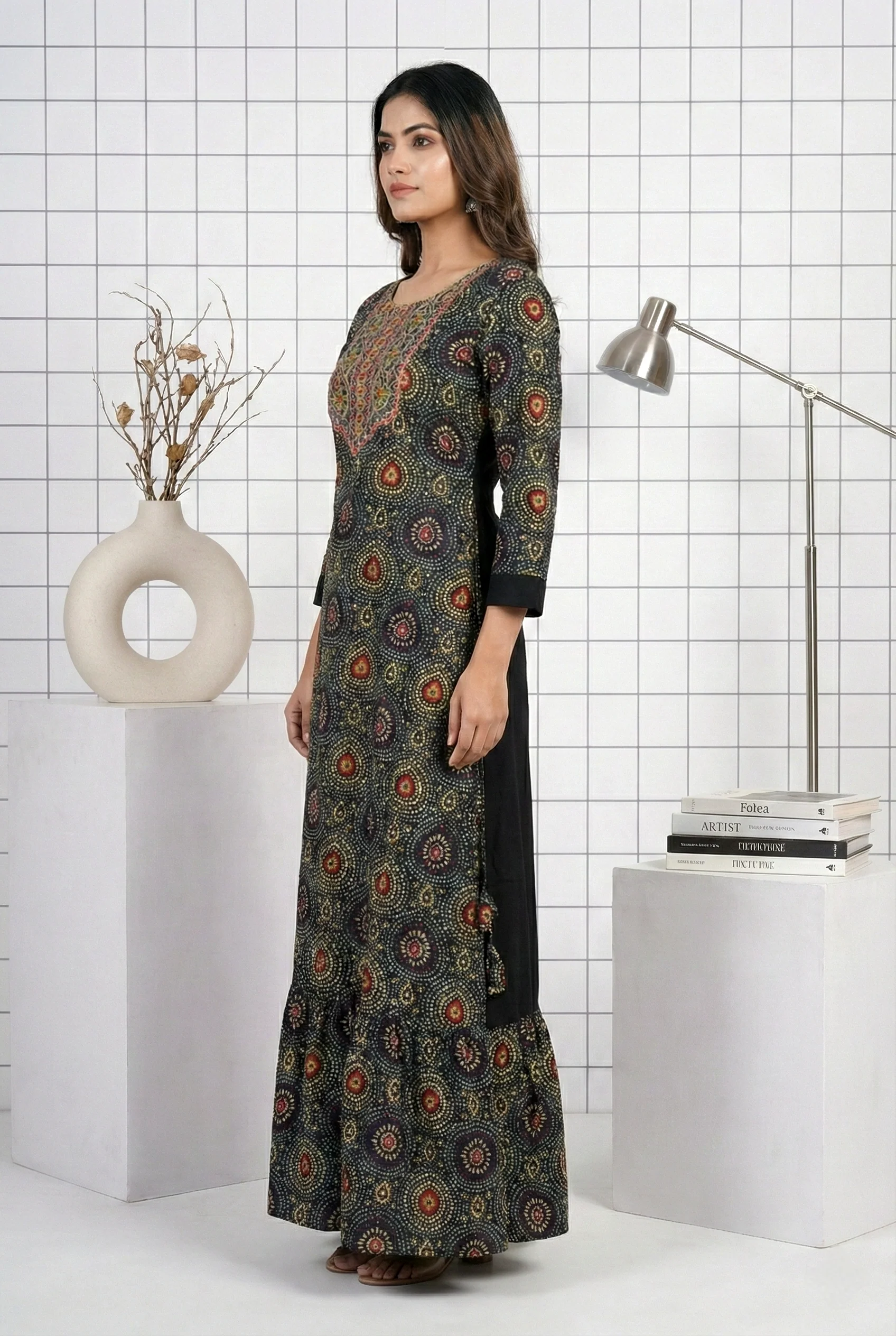 Black Rayon Floral Embroidery Dress - Image 2