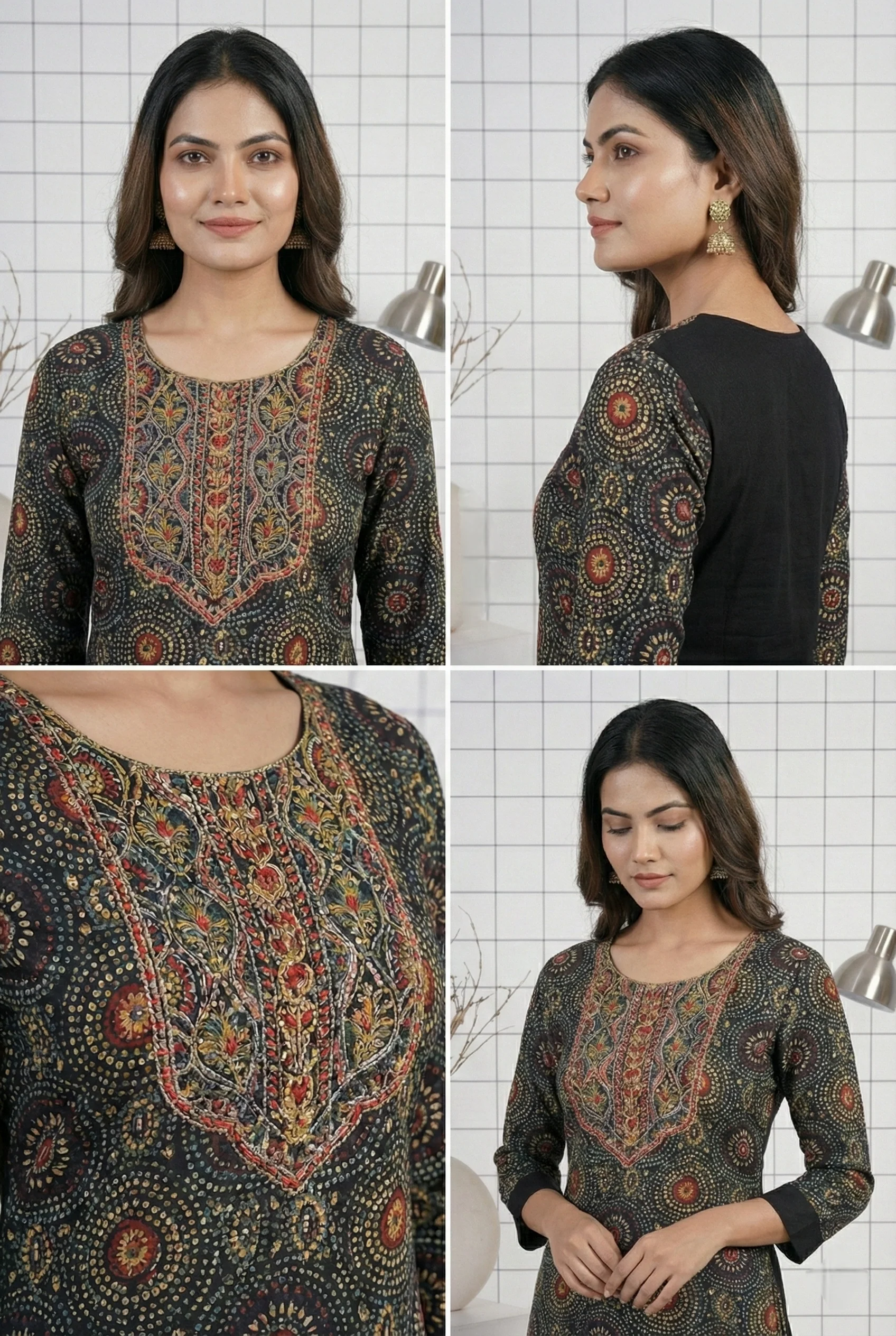 Black Rayon Floral Embroidery Dress - Image 3