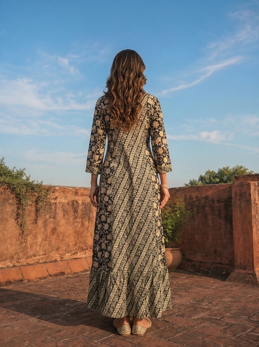 Black Rayon Floral Geometric Printed Long Dress - Image 2