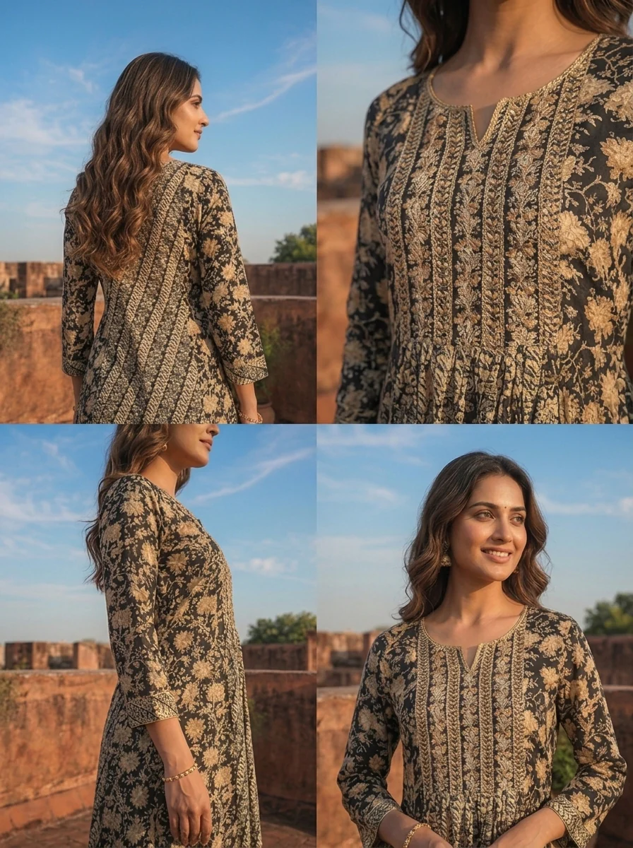Black Rayon Floral Geometric Printed Long Dress - Image 5