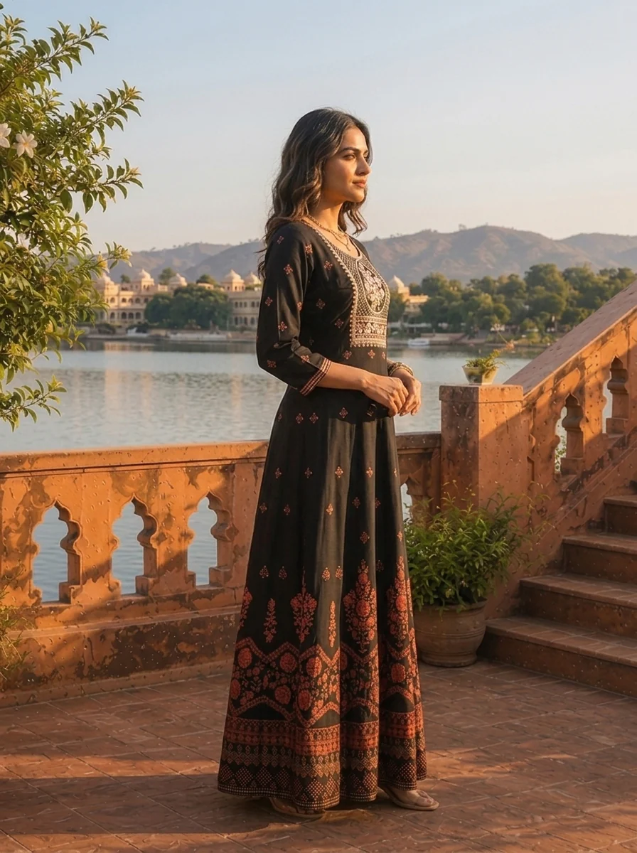 Black Rayon Geometric Resham Embroidered Dress - Image 3