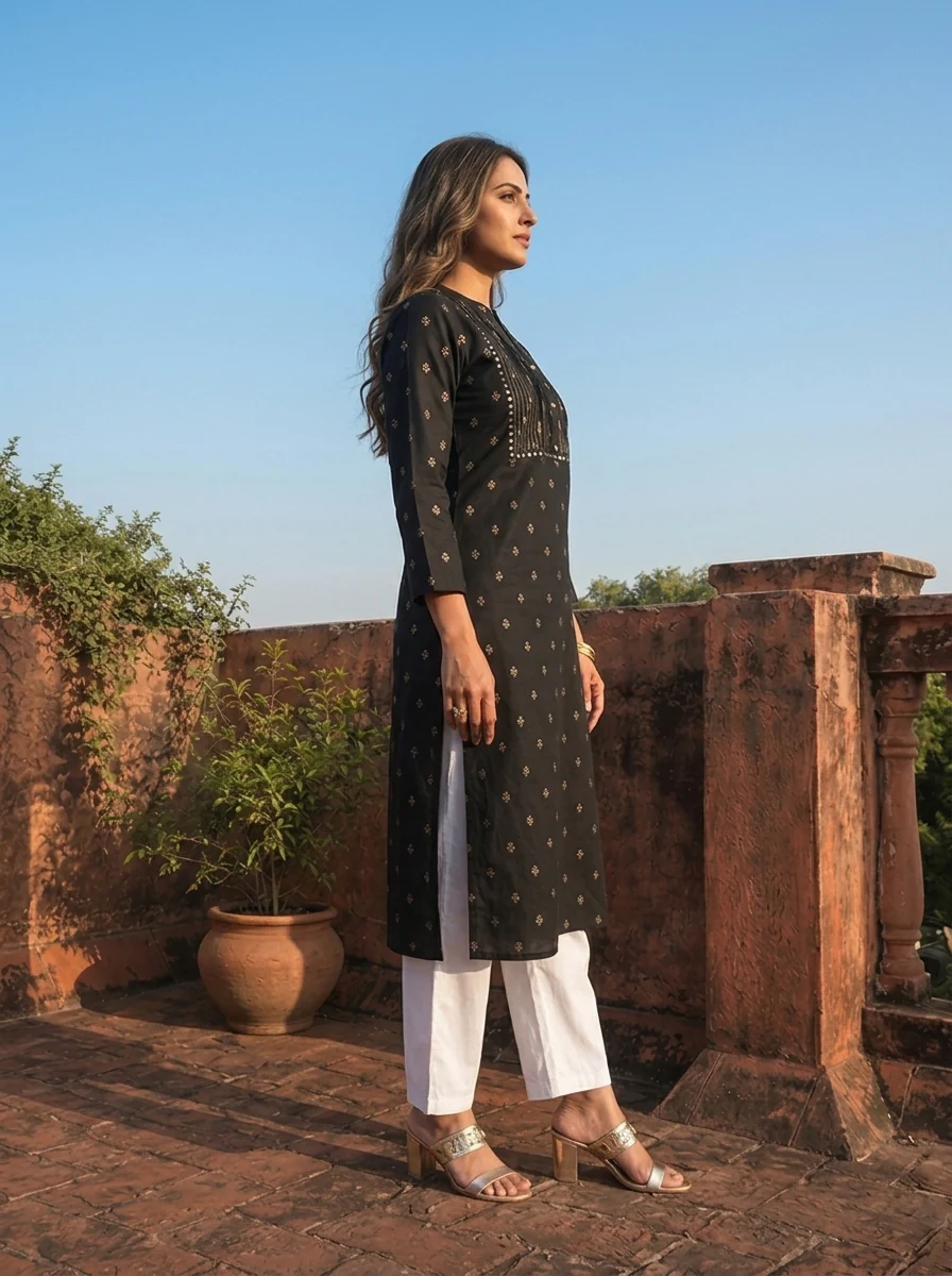 Black Rayon Gold Buti Printed Kurta - Image 3