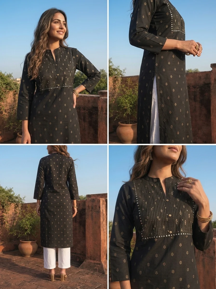 Black Rayon Gold Buti Printed Kurta - Image 5