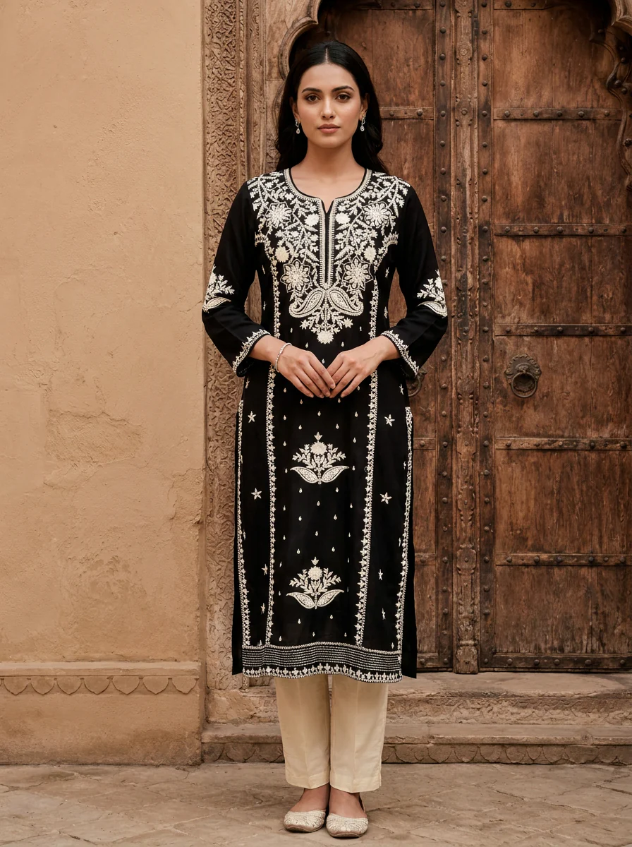 Black Rayon Heavy Floral And Paisley Thread Embroidery Kurta