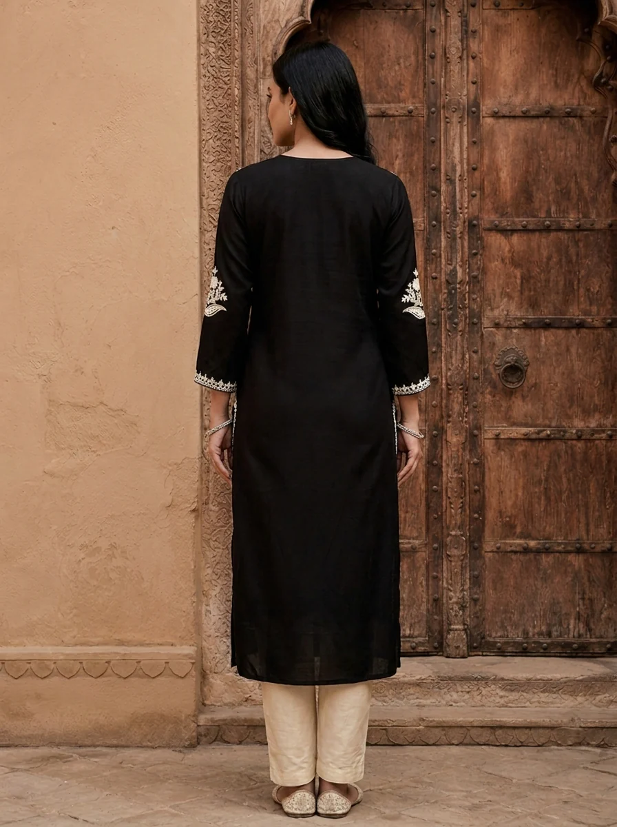 Black Rayon Heavy Floral And Paisley Thread Embroidery Kurta - Image 2