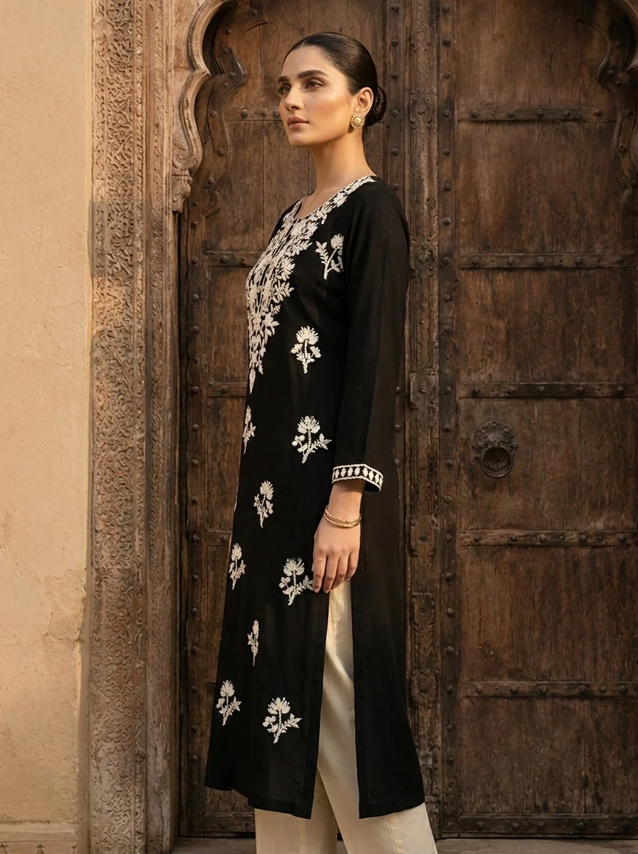 Black Rayon Heavy Floral Thread Embroidery Kurta - Image 3