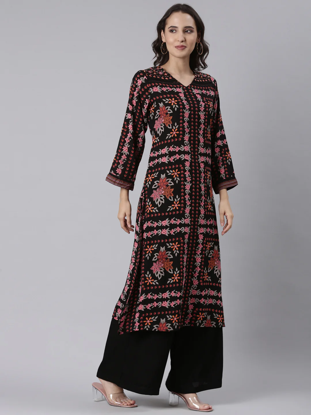 Black Rayon Printed With Palazzo Two Piece Set - Image 2