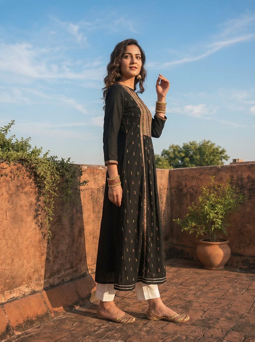 Black Rayon Scattered Buti Embroidery Dress - Image 3