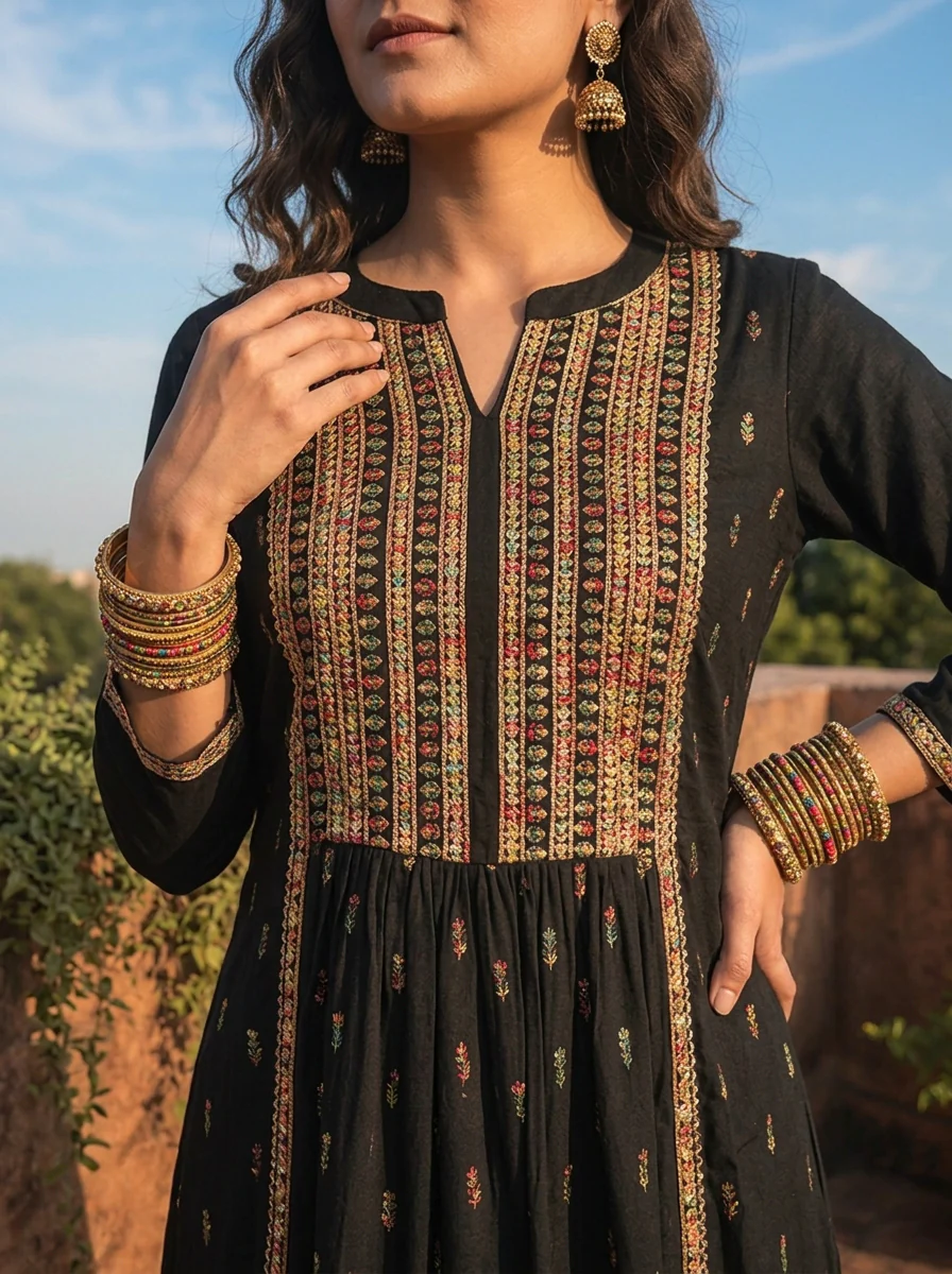 Black Rayon Scattered Buti Embroidery Dress - Image 4