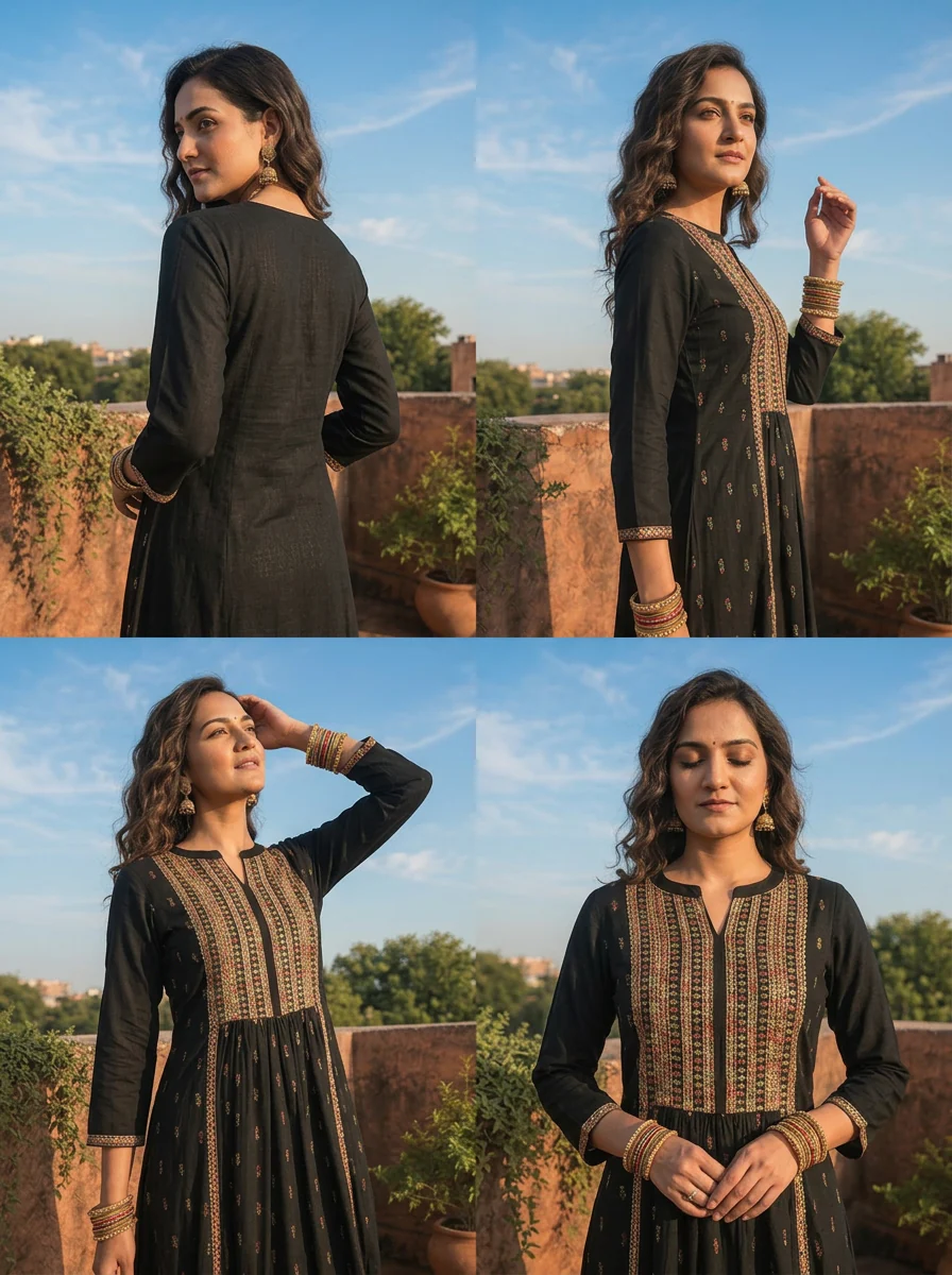 Black Rayon Scattered Buti Embroidery Dress - Image 5