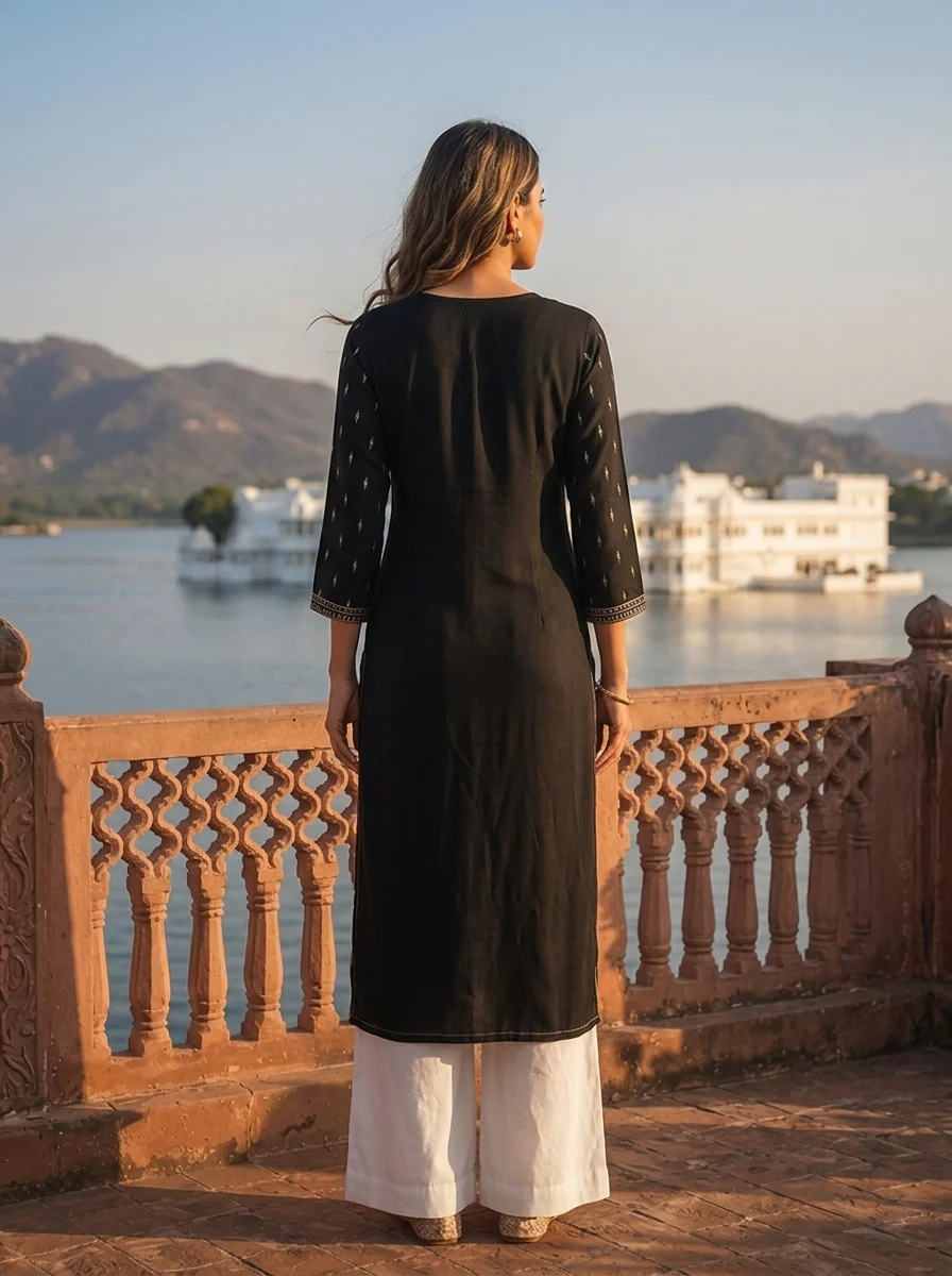 Black Rayon Woven Buti Embroidery Kurta - Image 2
