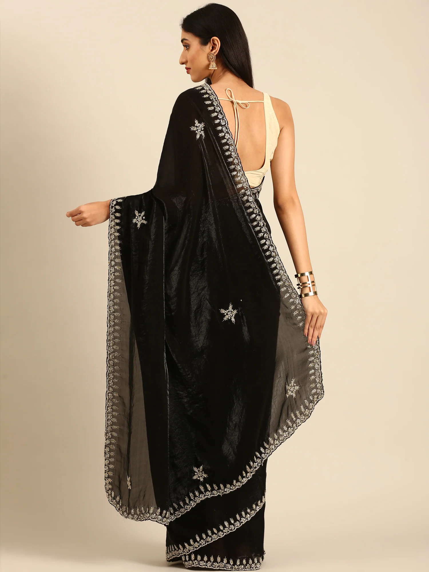 Black Shimmer Tissue Saree With Cut Dana & Swarovski Embroidery - Image 2