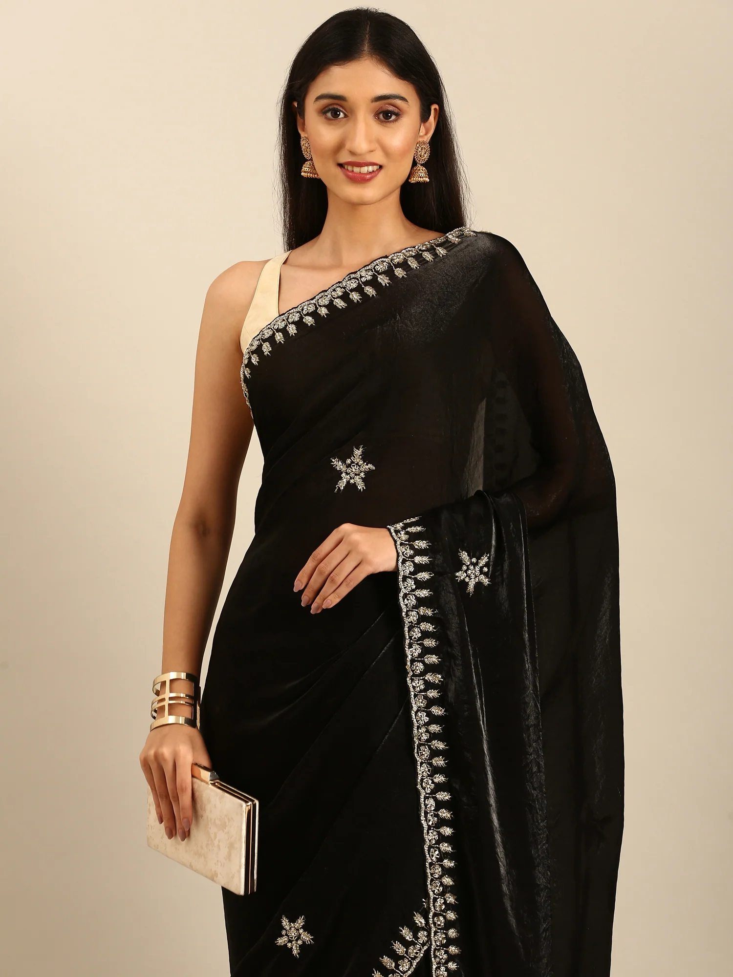 Black Shimmer Tissue Saree With Cut Dana & Swarovski Embroidery - Image 3