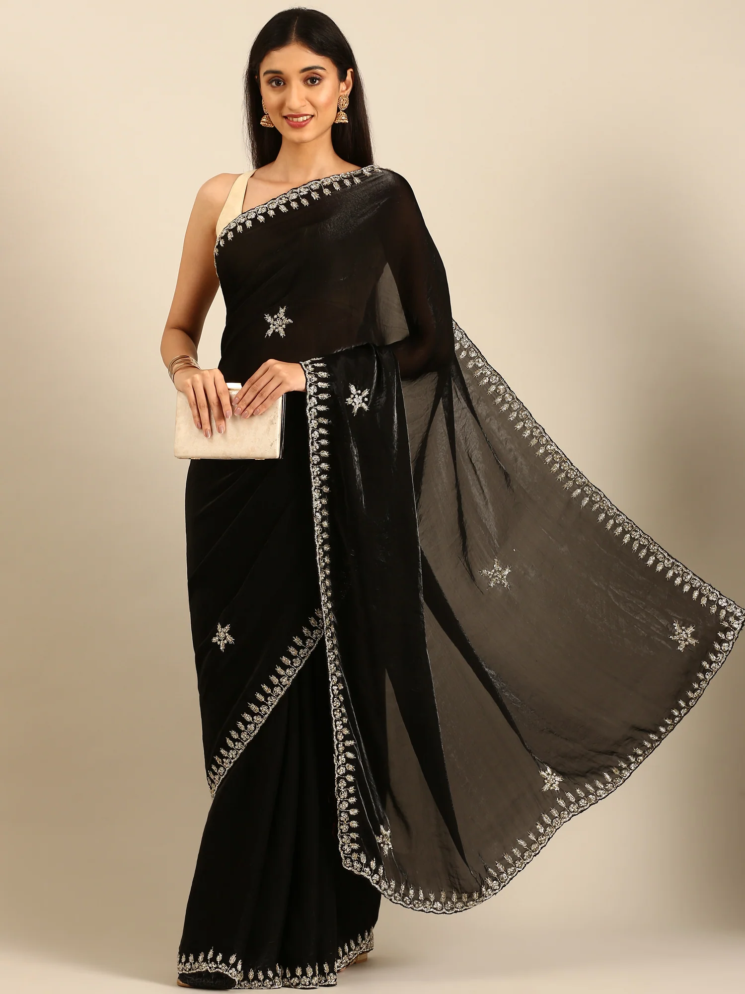 Black Shimmer Tissue Saree With Cut Dana & Swarovski Embroidery - Image 4