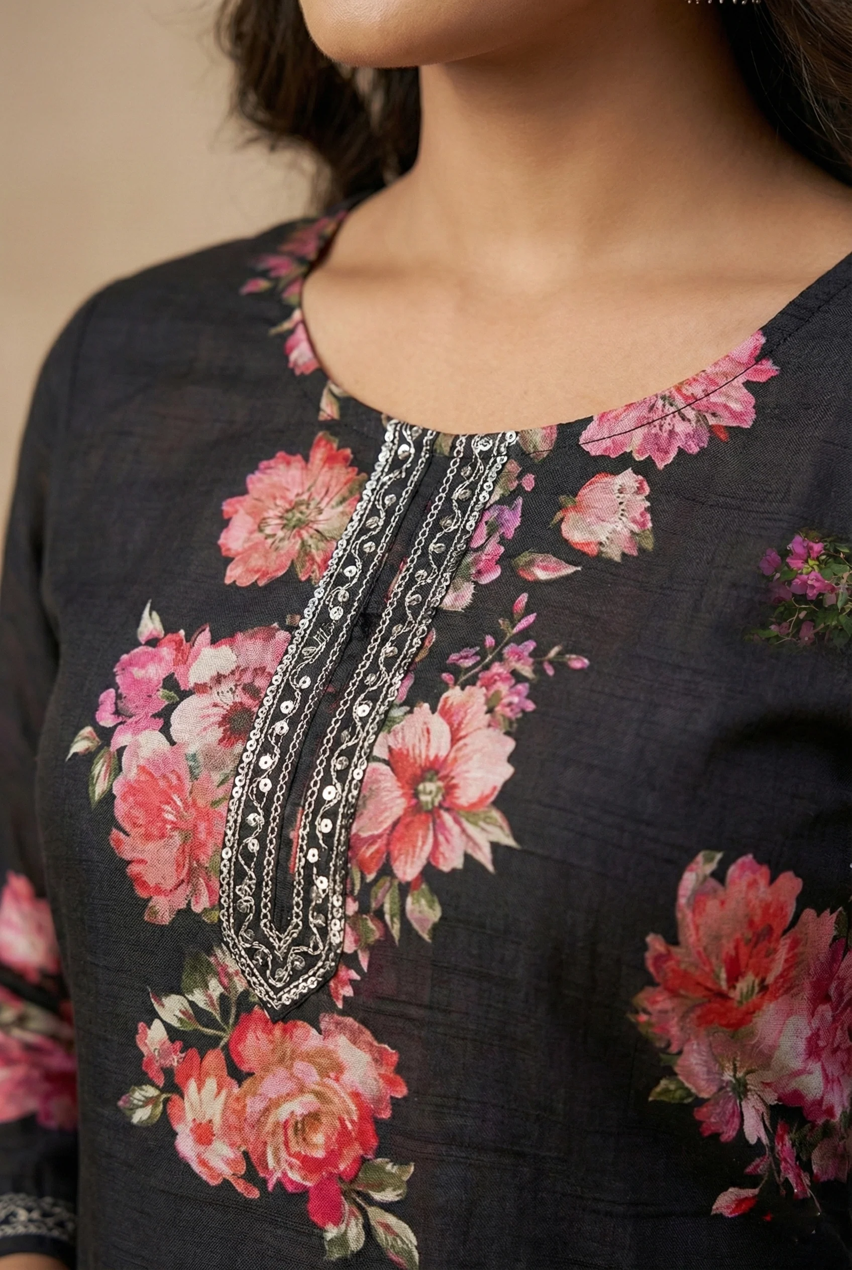 Black Silk Floral Digital Print Three Piece Set - Image 3