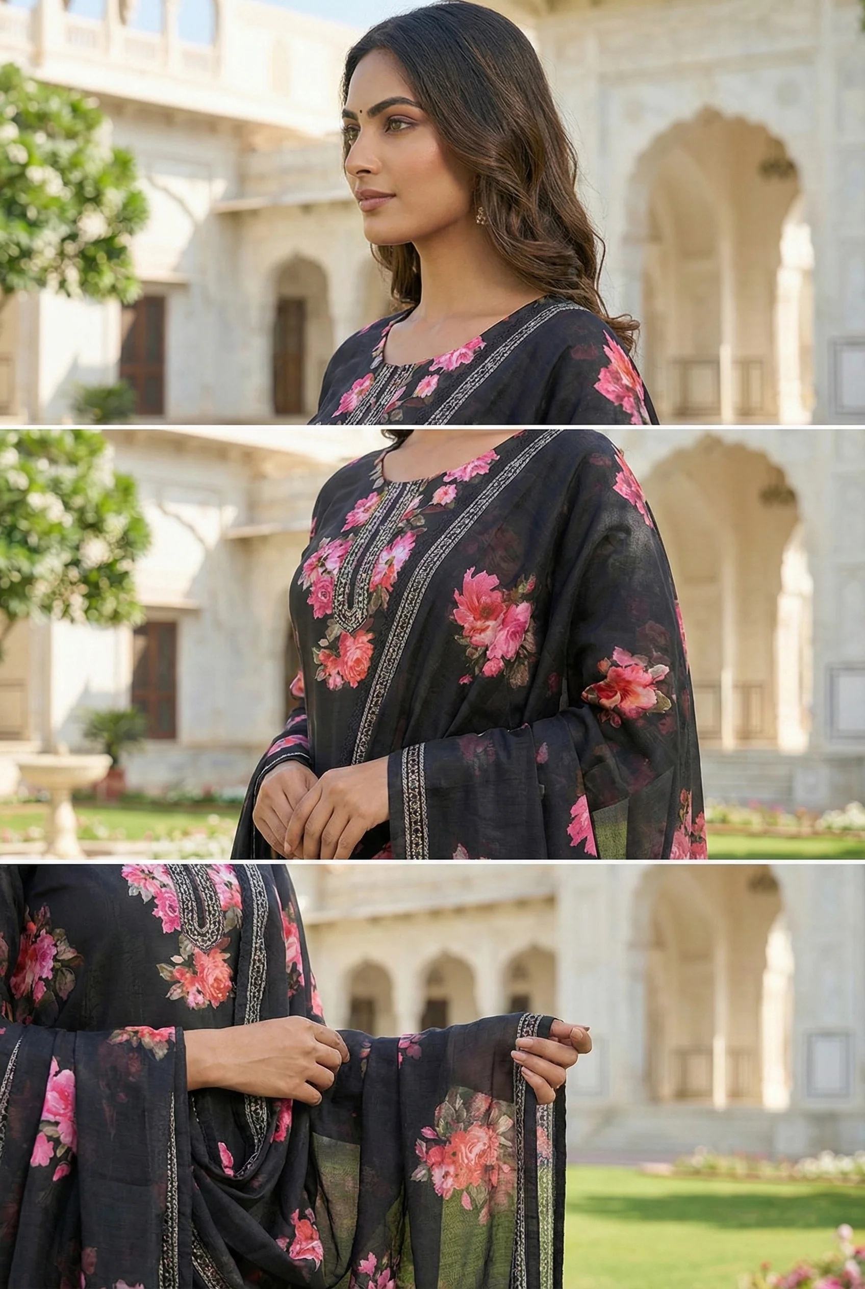 Black Silk Floral Digital Print Three Piece Set - Image 4