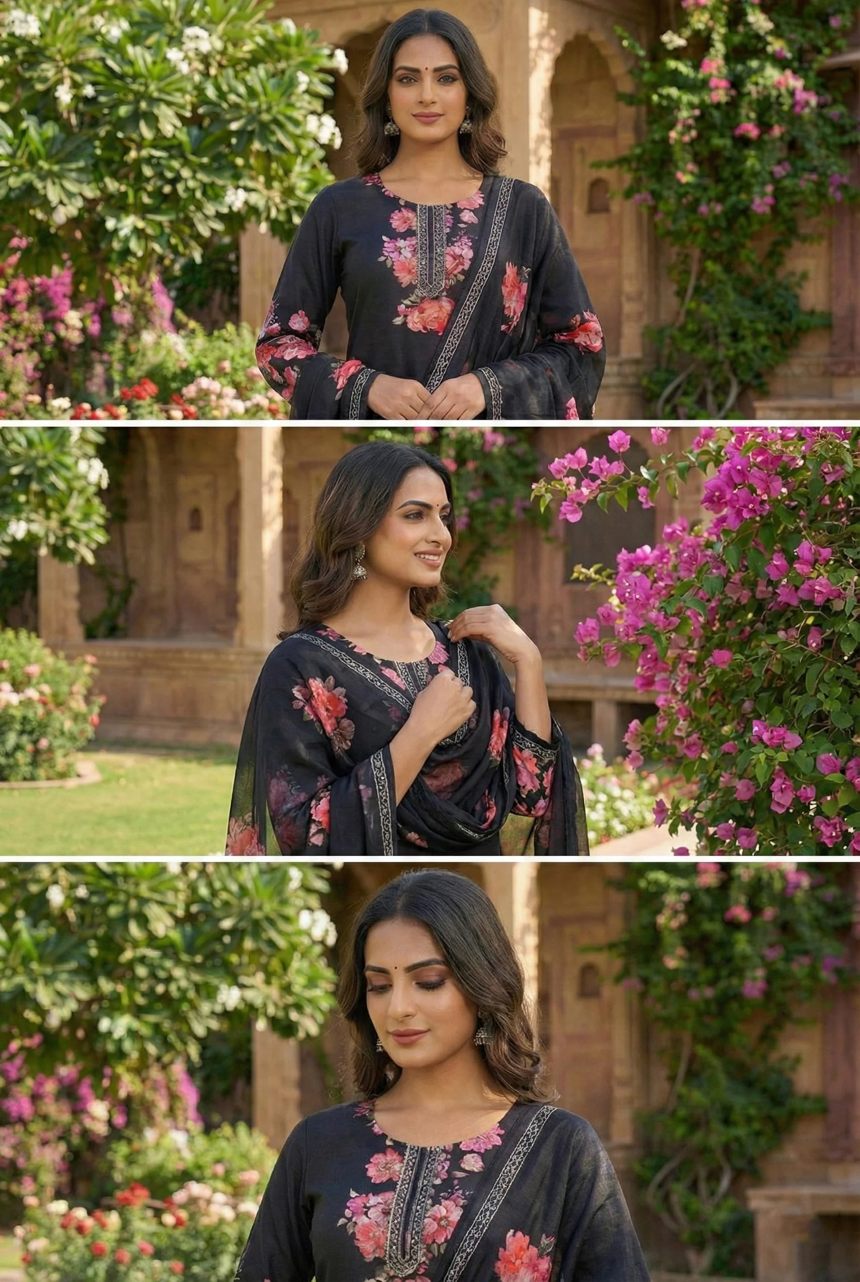 Black Silk Floral Digital Print Three Piece Set - Image 5