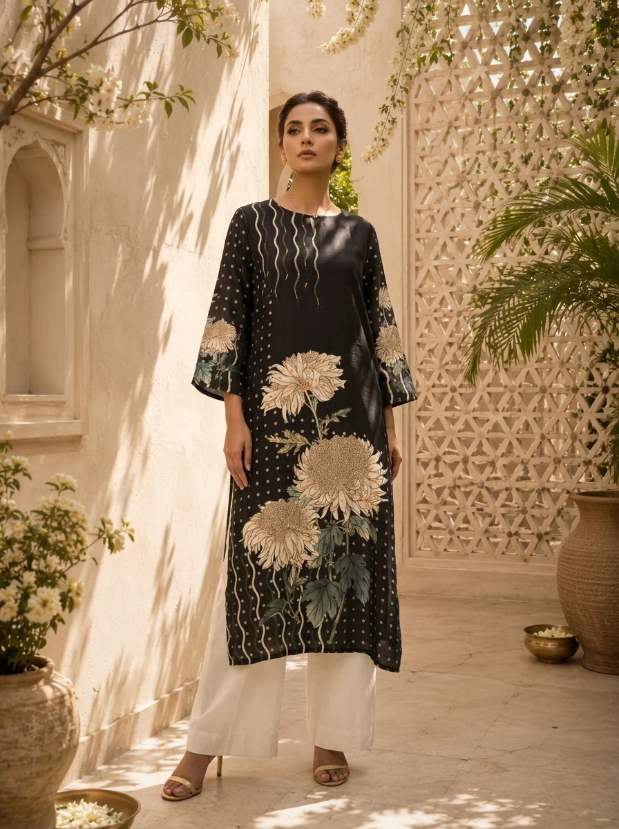 Black Silk Floral Printed Kurta - Image 2
