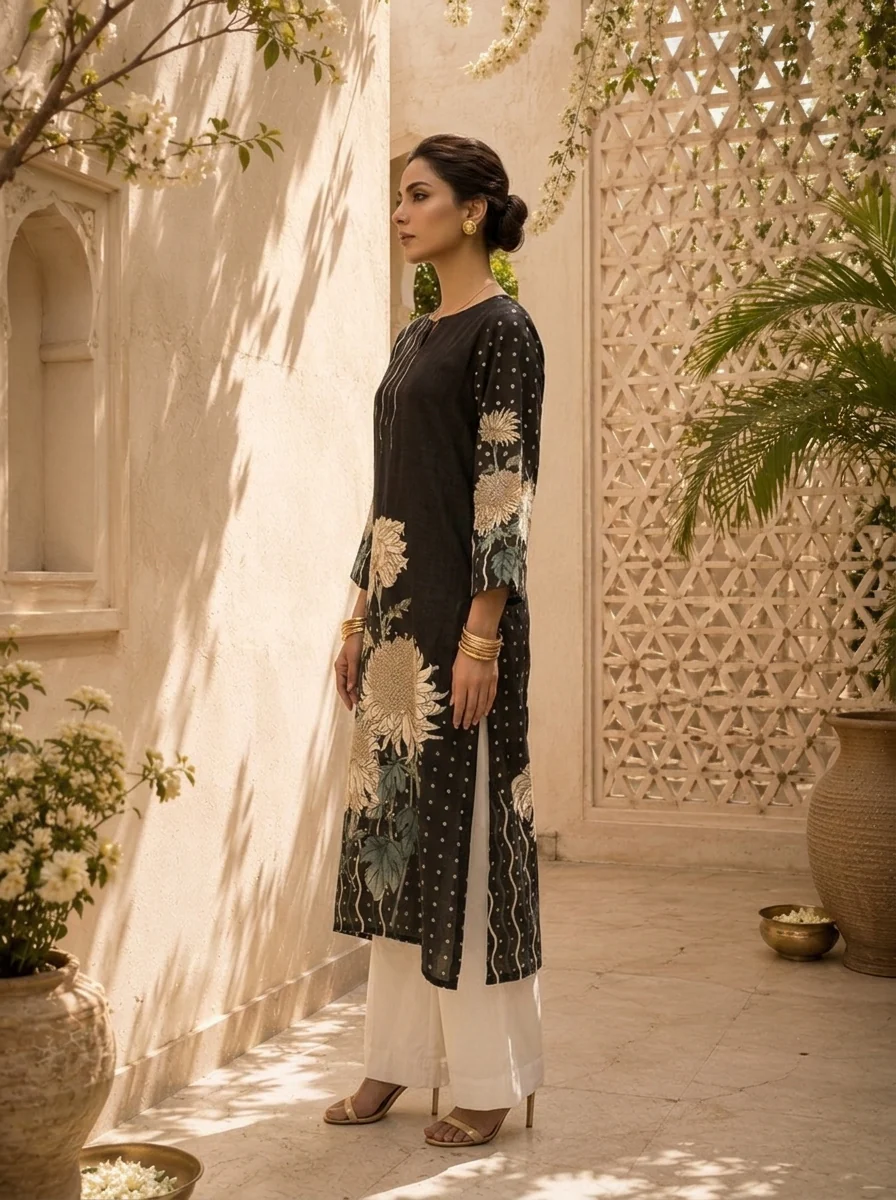Black Silk Floral Printed Kurta - Image 3
