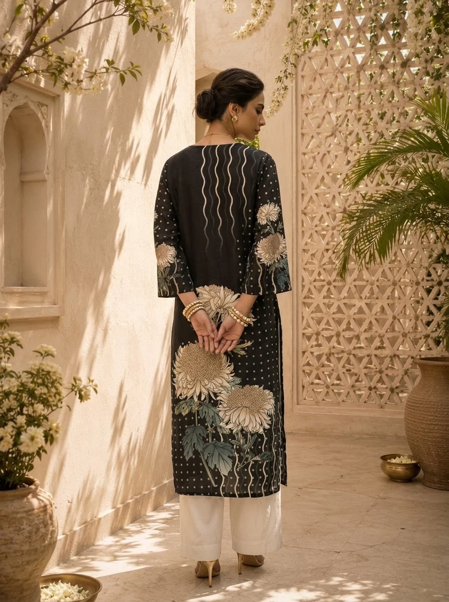 Black Silk Floral Printed Kurta - Image 4