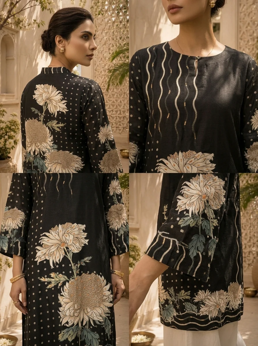 Black Silk Floral Printed Kurta - Image 5