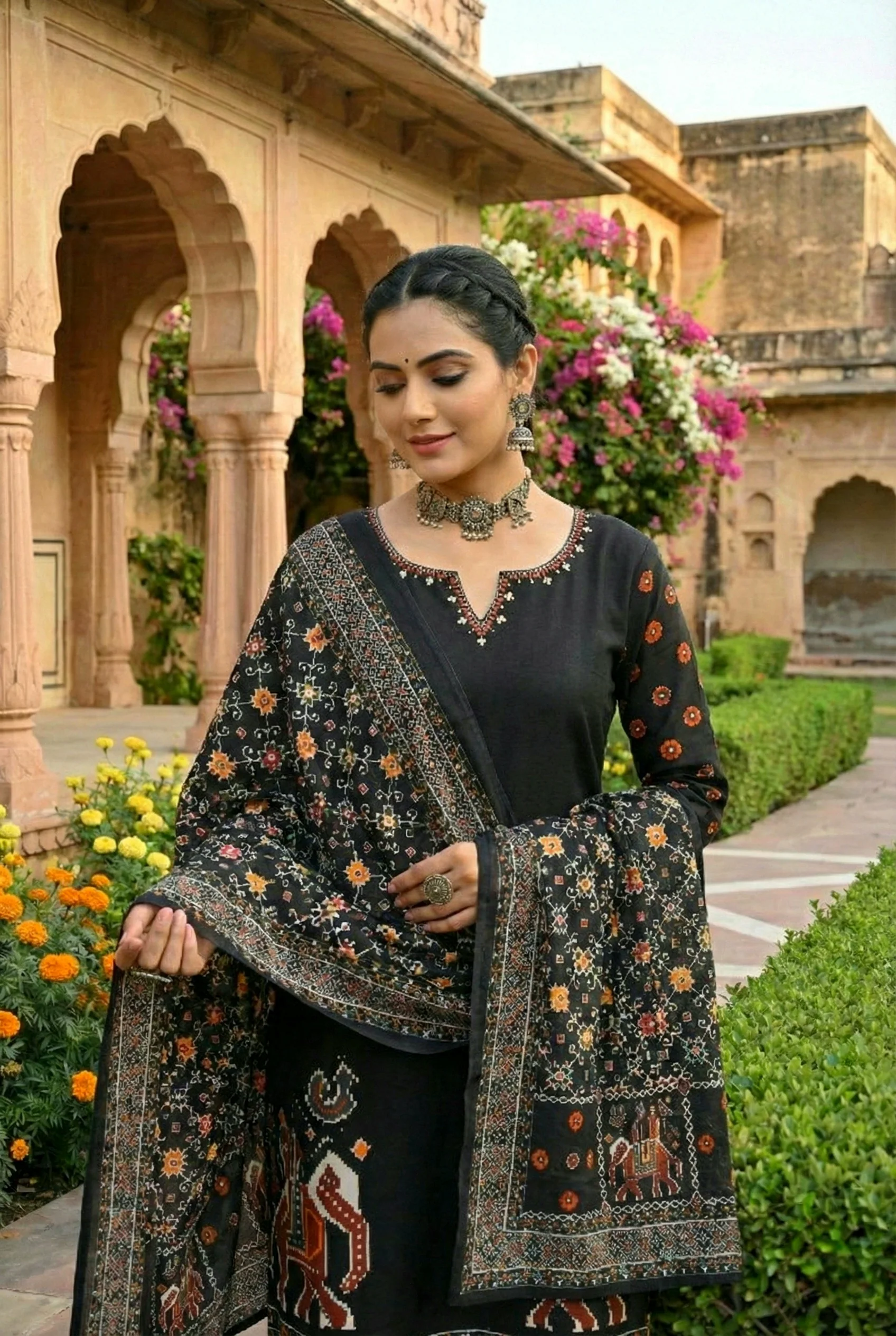 Black Silk Hand Embroidery Three Piece Set - Image 6