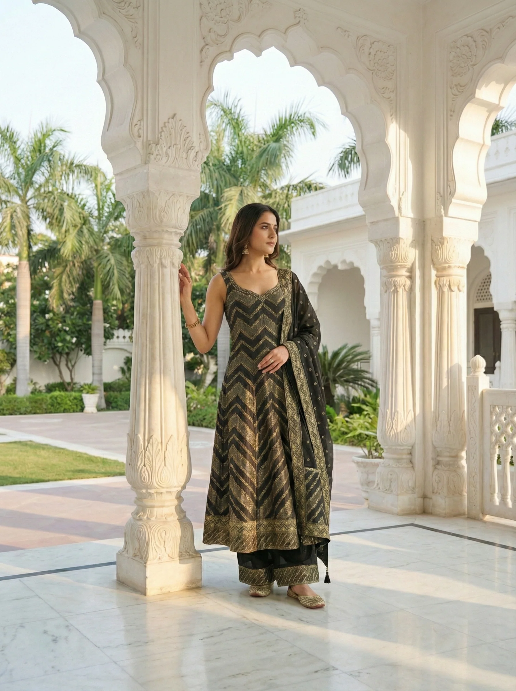 Black Silk Zari Embroidery Anarkali Set - Image 3