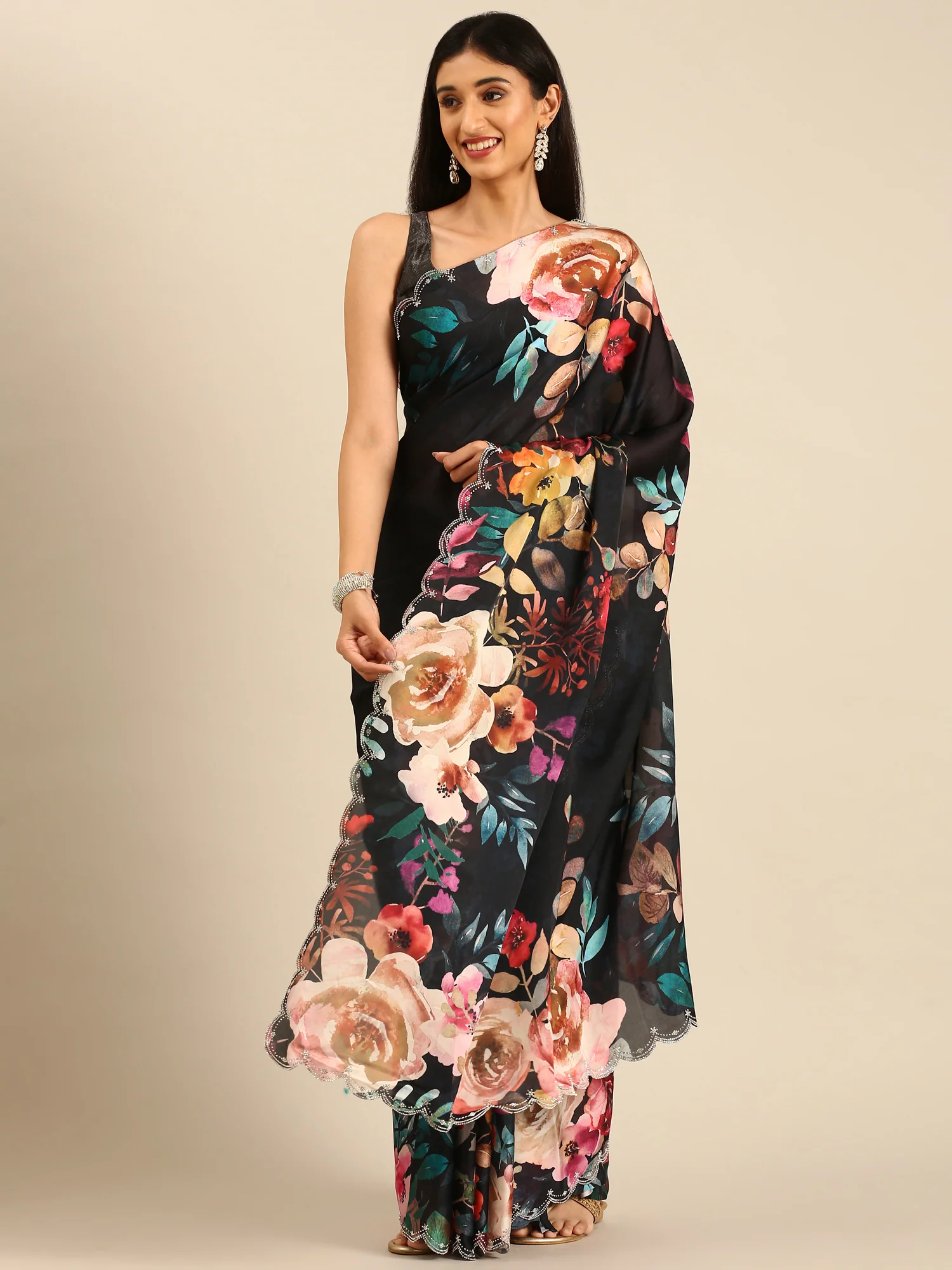 Black Satin Floral Printed Saree With Swarovski Embroidery - Image 4