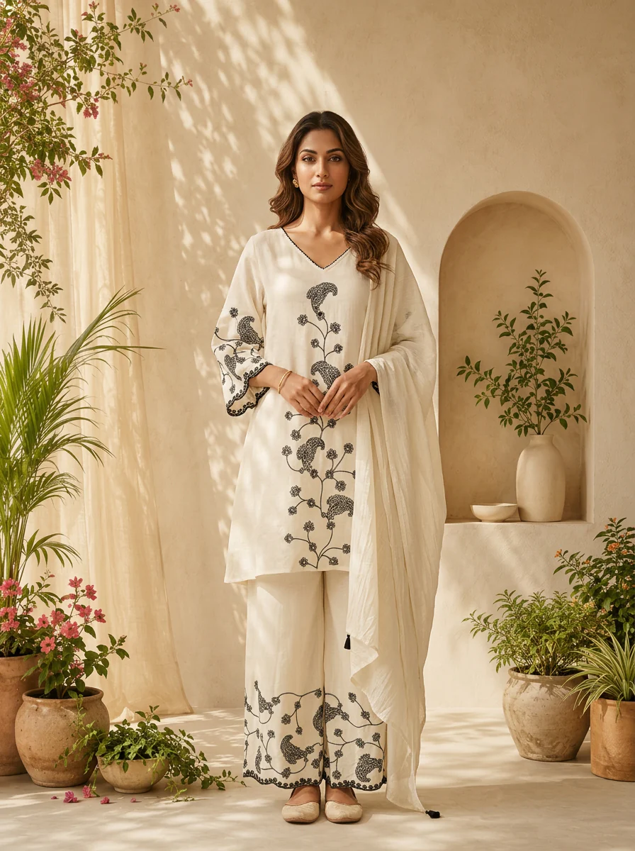 Black Thread Embroidered Cotton Three Piece Set - Image 2