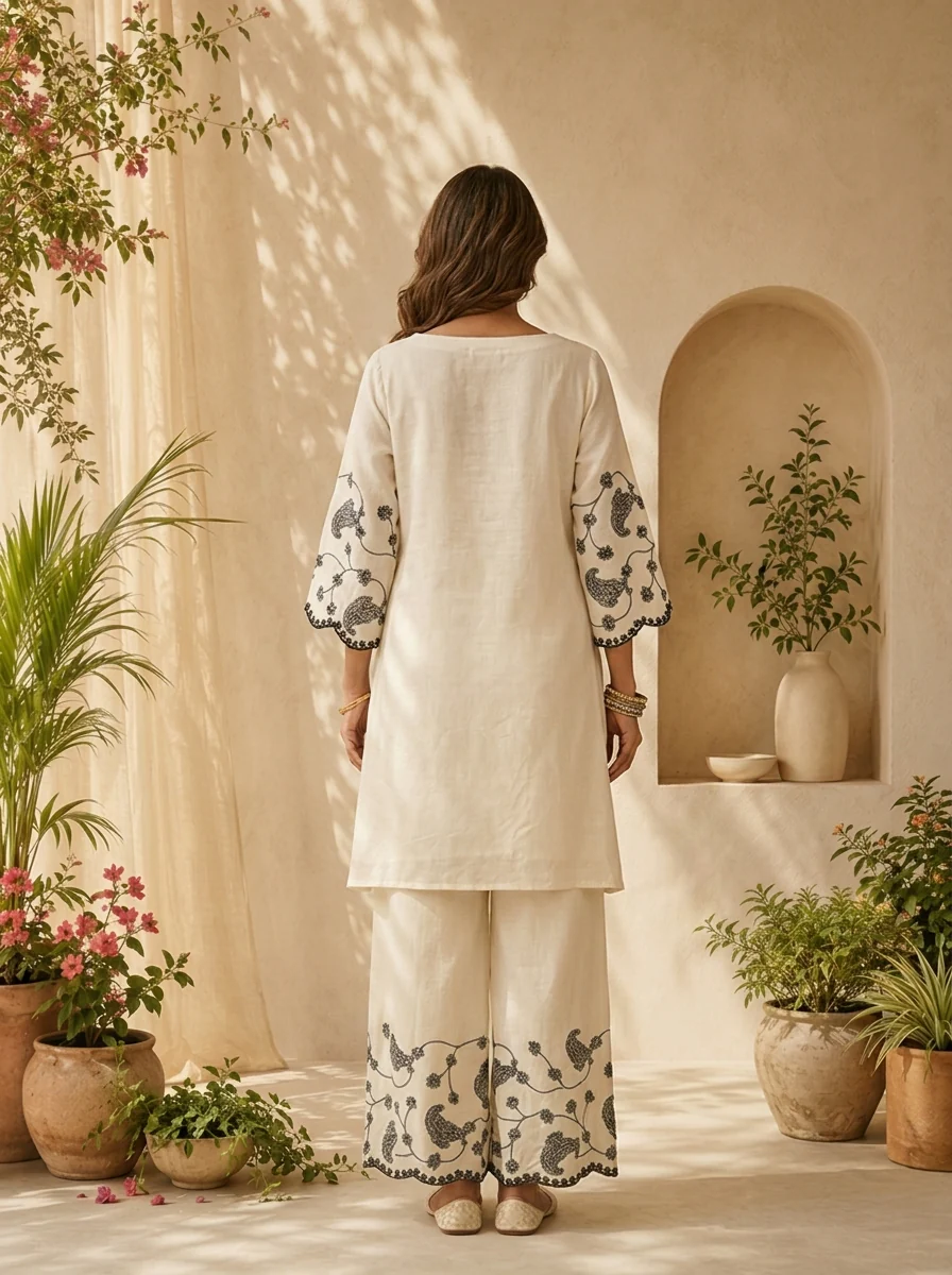 Black Thread Embroidered Cotton Three Piece Set - Image 3
