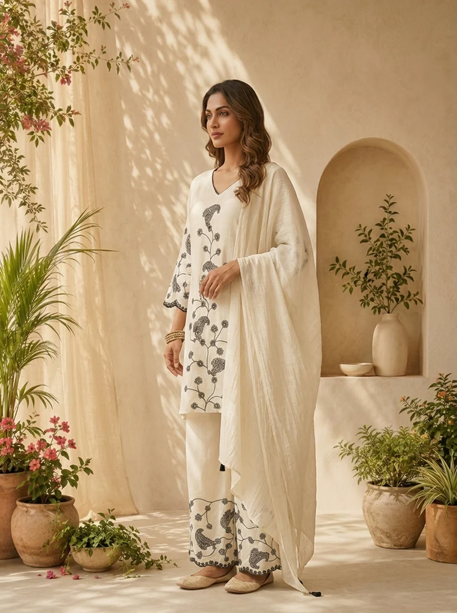 Black Thread Embroidered Cotton Three Piece Set - Image 4
