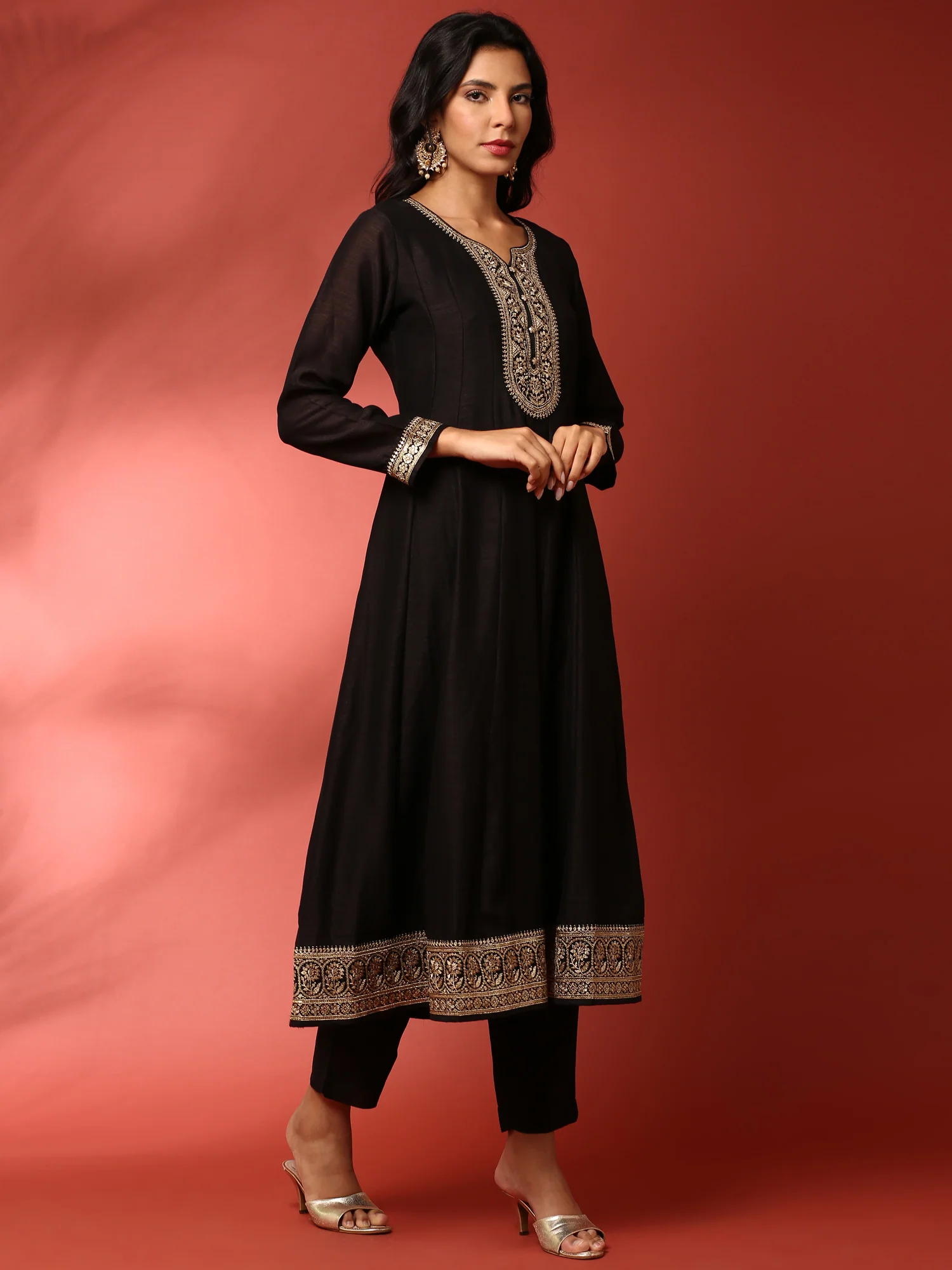 Black Vichitra silk aari embroidered three piece anarkali set - Image 2
