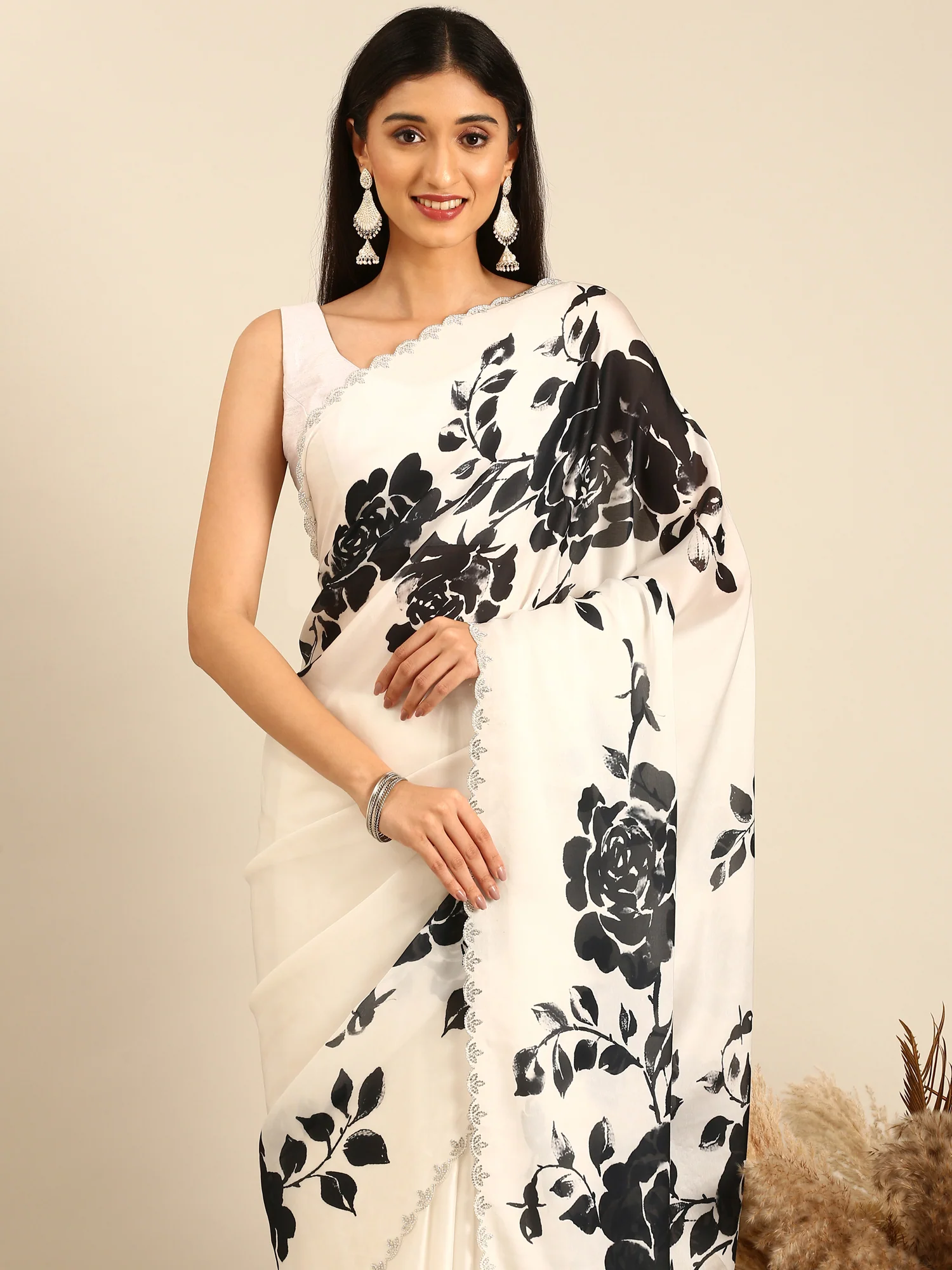 Black & White Floral Printed Satin Saree With Swarovski Embroidery - Image 3