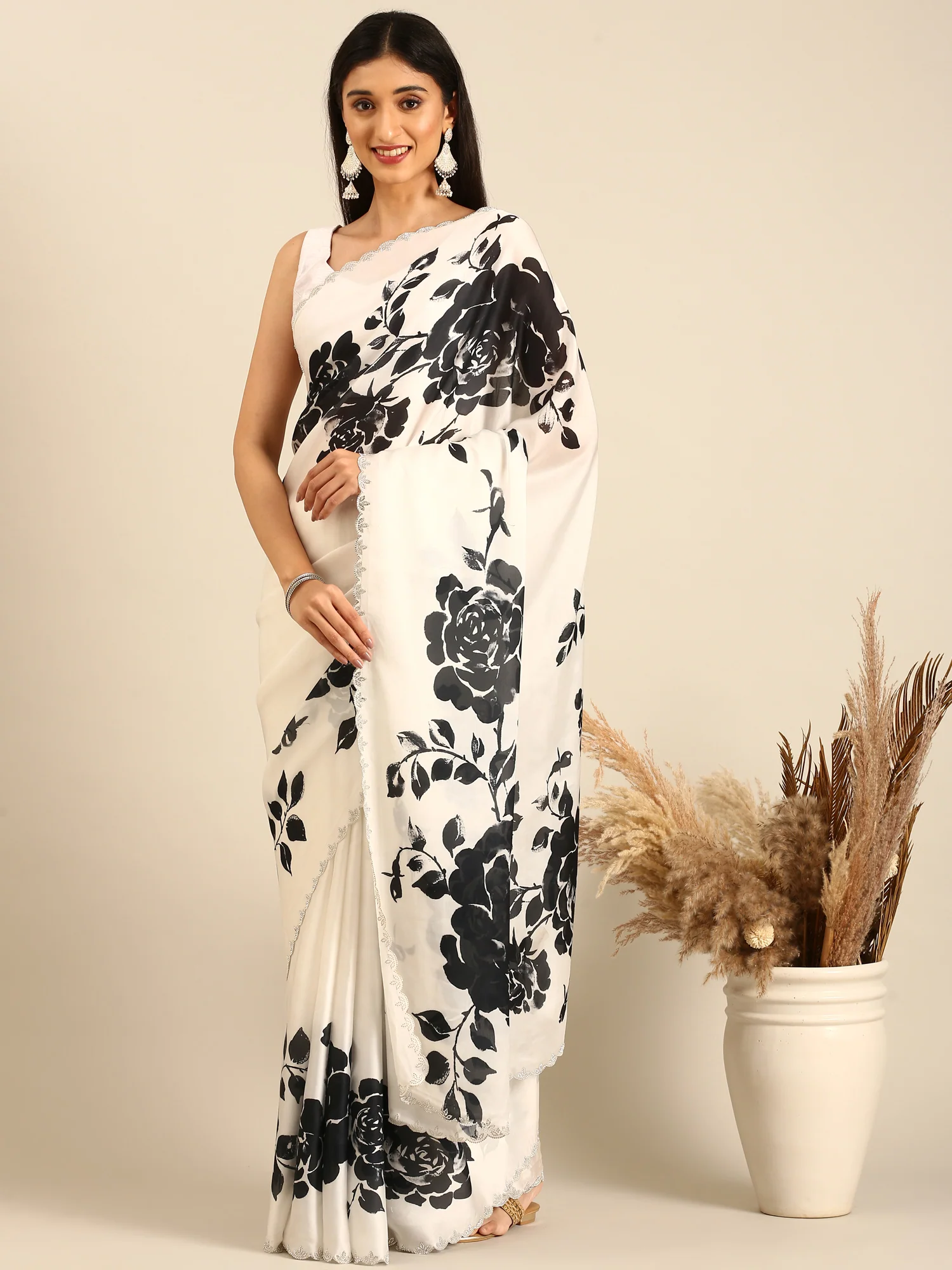 Black & White Floral Printed Satin Saree With Swarovski Embroidery - Image 4