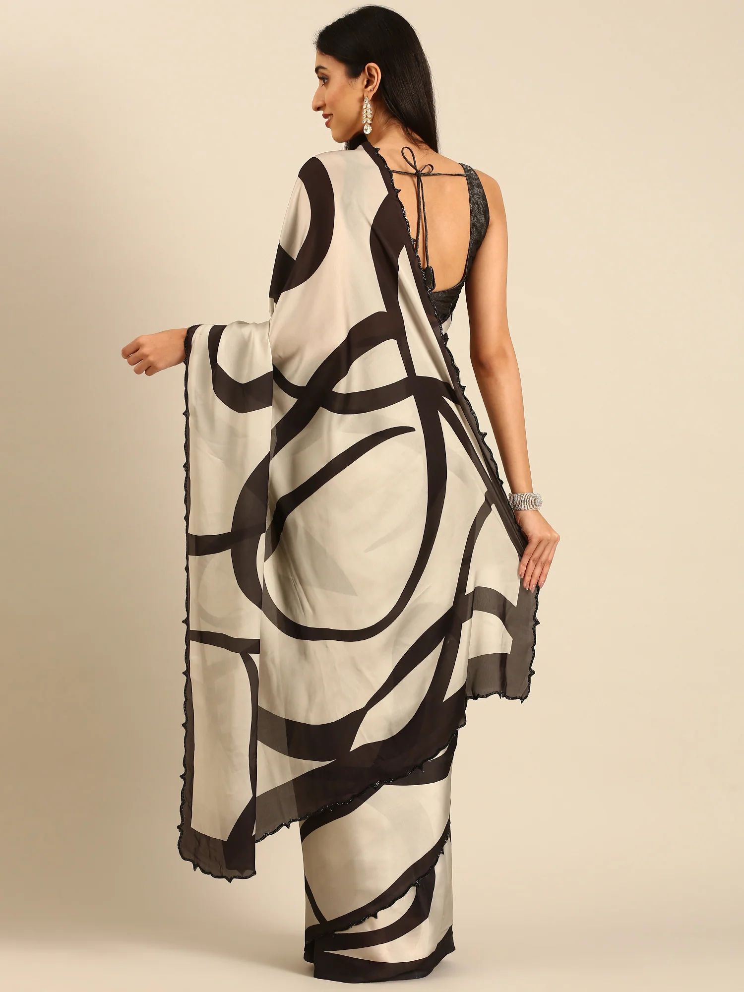 Black & White Printed Satin Saree With Swarovski Embroidery - Image 2