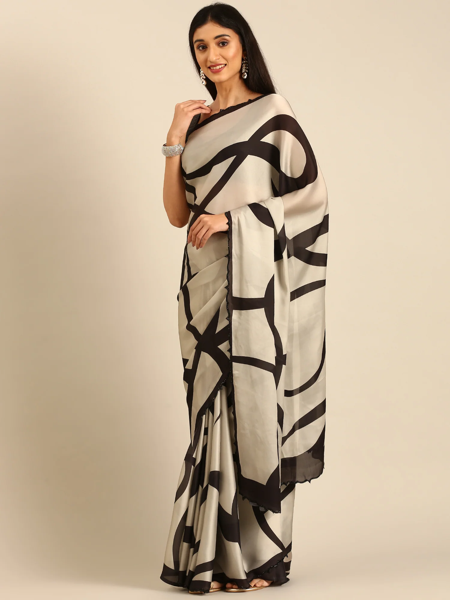 Black & White Printed Satin Saree With Swarovski Embroidery - Image 4